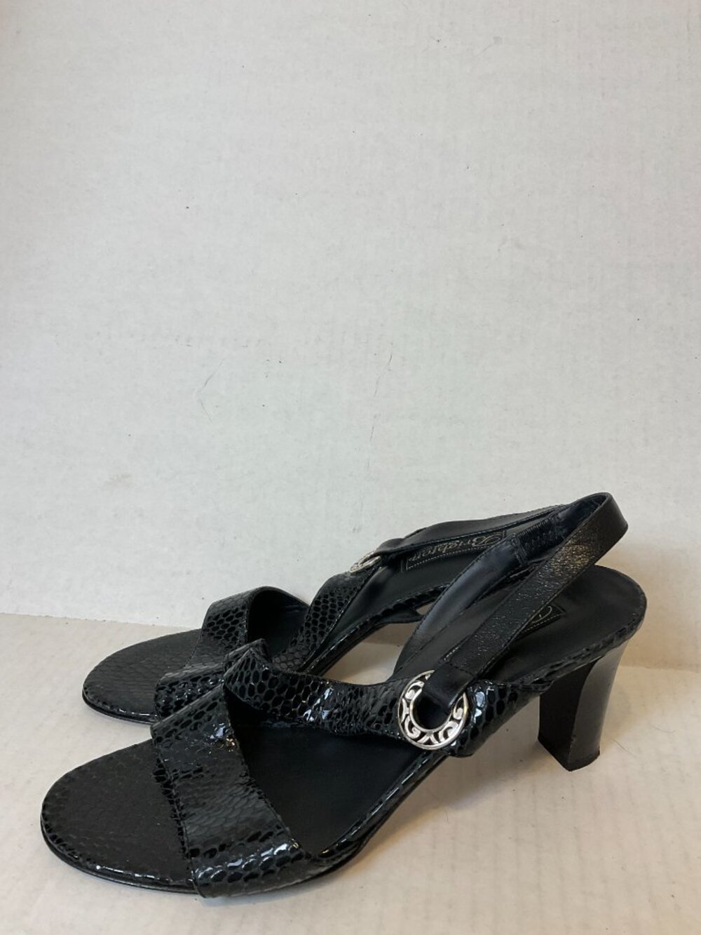 Brighton Heeled Sandals 10M Black Snake Print Silver Details